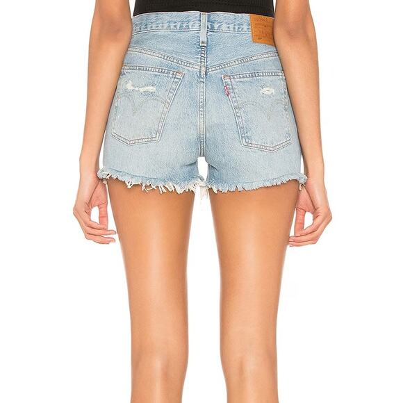 Levis 501 High Rise Light Wash Denim Distressed Cut Off Button Fly Jean Shorts - Picture 4 of 12